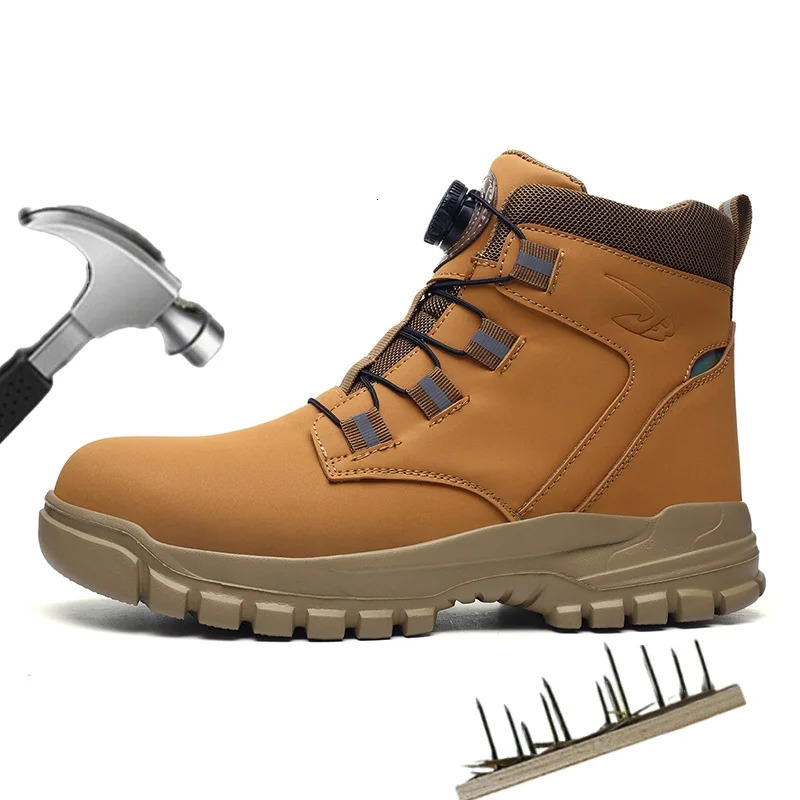 Leather Non Slip Work Boots for Men Rotating Button Safety Shoes Steel Toe Sneaker Male Puncture Proof Protective Boots 250731