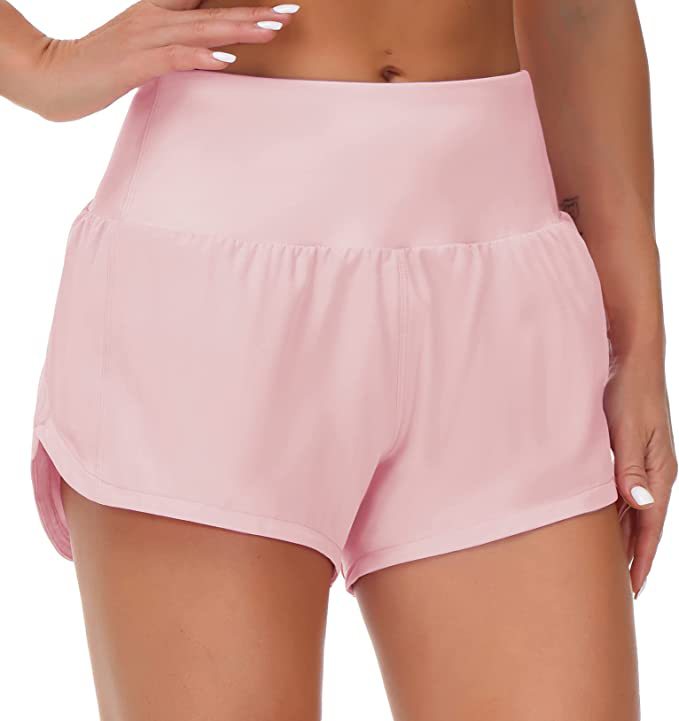 Pink high-waisted loose fitness shorts