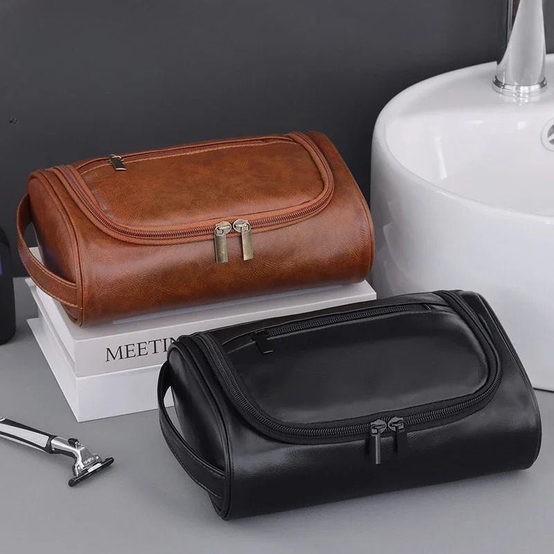 High Quality Travel Toiletry Bag For Women Men Retro PU Leather Cosmetic Bags Female Waterproof Travel Makeup Bag 250731