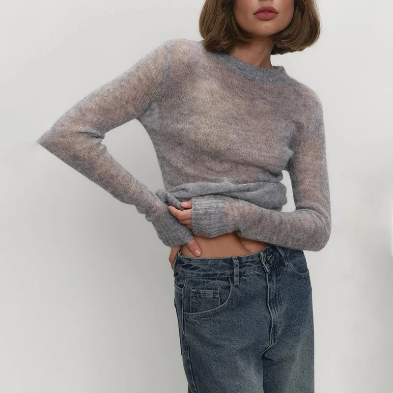 TARUXY Mohair Round Neck Pullover Sweater For Women Spring Summer Knitted Bottom Semisheer Knit Female Top 250731
