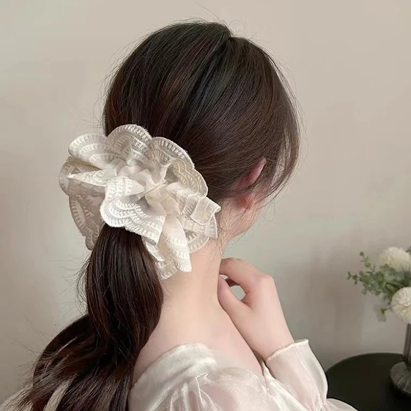 Women Large Lace Scrunchies Elastic Hair Bands Ponytail Holders Tie Solid Color Hair Rope Scrunchy Rubber Bands Women Hair Ring 250730
