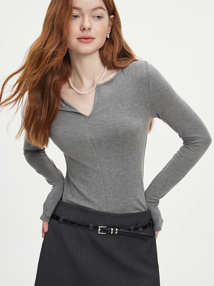 FSLE Women Pullover Long Sleeve Tops Sweater For VNeck Slim Cotton Grey Beige Sweaters Autumn Top 24FS13097 250731