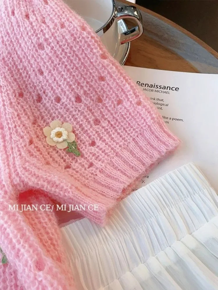 Spring Summer Sweet Pink Knitted Tops Short Sleeve Tshirt Soft Sweater n Knitwear Floral Hollow Out Thin Chic 250731