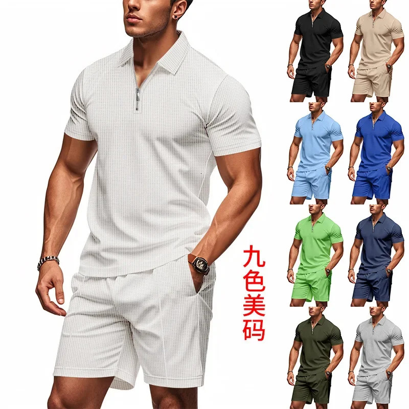 Crossborder American summer zipper shortsleeved POLO shirt casual shorts suit men 250724