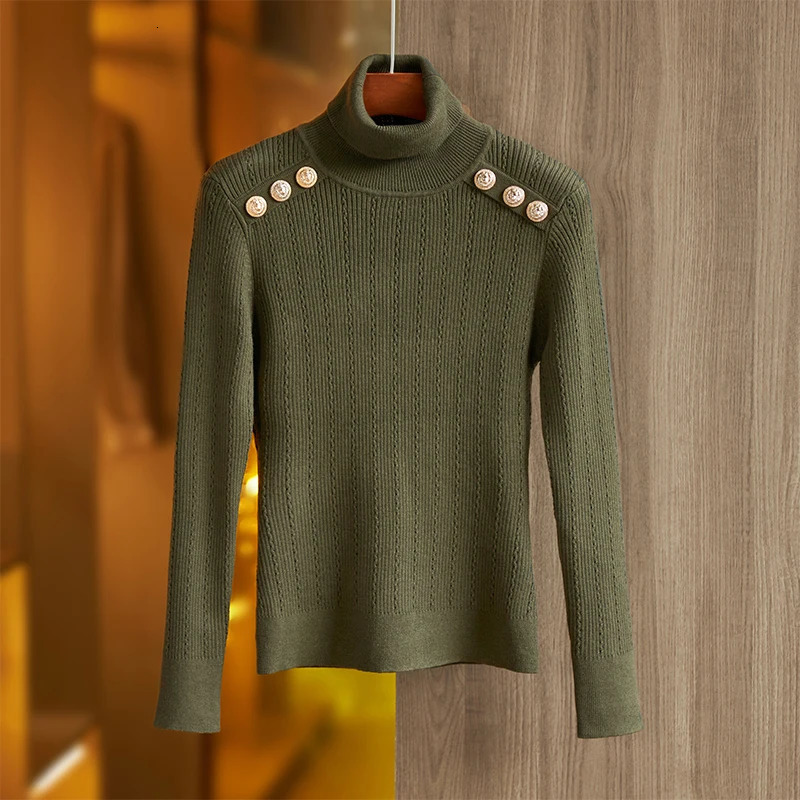 Wool Blend y Turtleneck Womens Sweater Army Green Warm Winter Padder Shoulder Casual Knitted Tops 250731