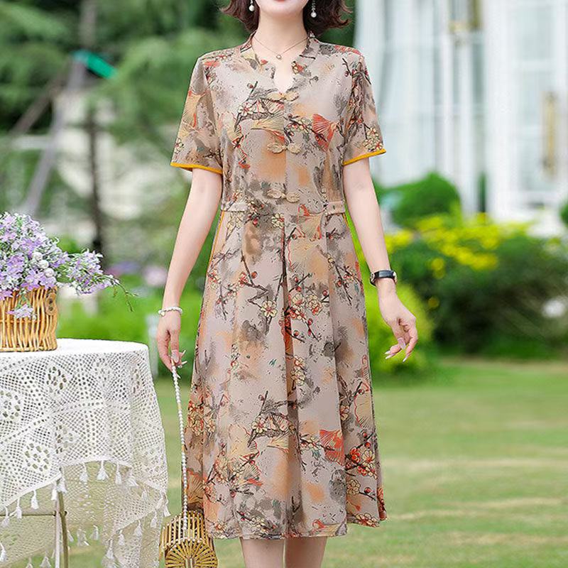 plus size women's new long sleeve high waist printed banquet dress mid-length skirt D02438