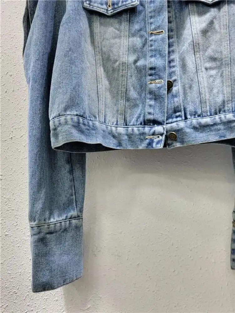 DEAT Trendy Womens Ruffled Edge Offshoulder n Denim Coat Autumn Fashion Lapel Long Sleeve Jacket Female 33A1708 250731