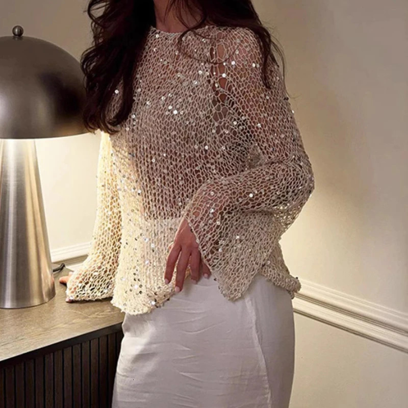 Sequins Hollow Out Pullovers Women Loose Oneck Long Sleeve Knit Sweaters Female Spring Shinny Chic Evening Shirts Lady 250731