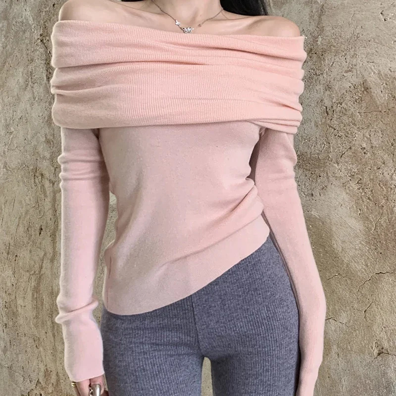 EVNISI Women Knit Slash Neck Slim Sweater Solid Office Pullovers Off Shoulder Long Sleeve For Autumn Winter 250731