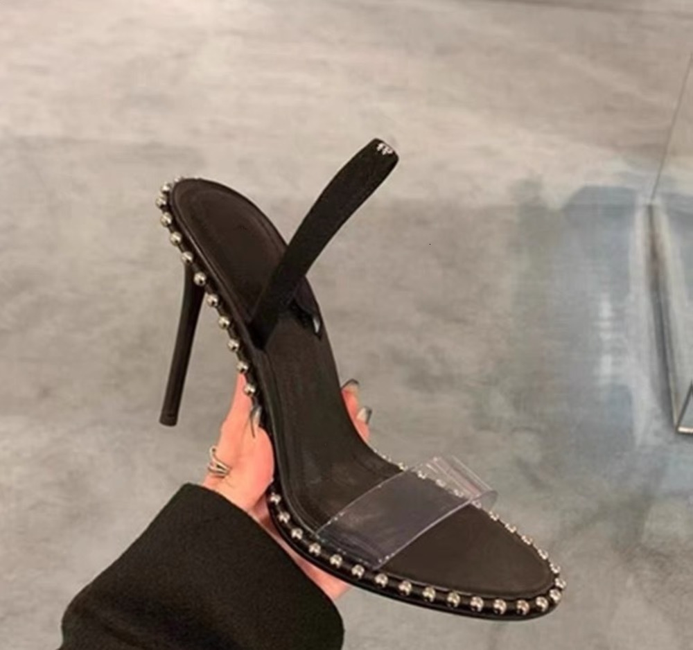 Sling Kitten-heel Sandals Beads Peep Toe Pumps Convertible Catwalks Transparent Metal Summer Women Thin Heels Cover Heel 201021