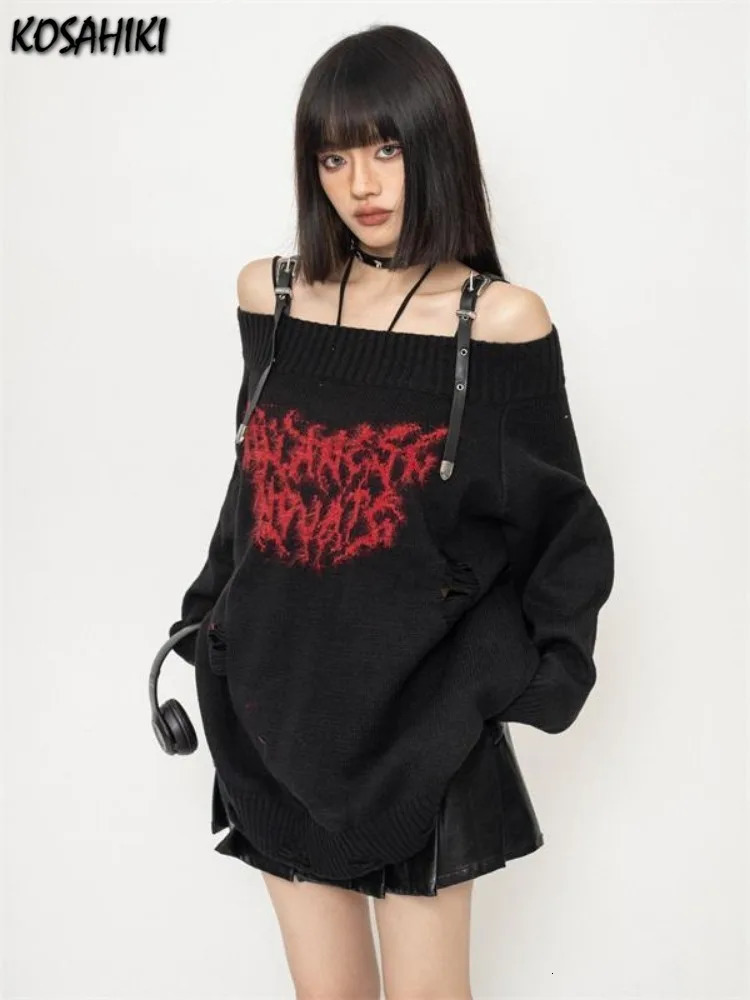 Harajuku Gothic Sexy Off Shoulder Knitted Jumpers Grunge Jacquard Sweater Fashion Knitwear Y2k Aesthetic Slash Neck Pullover 250731