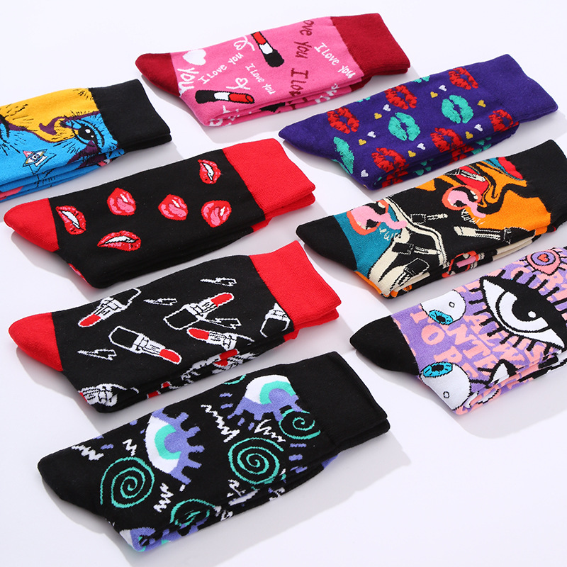 1 pair of red lip and eye series mid tube trendy socks for men, European and American fashion trend couple socks, plus size socks