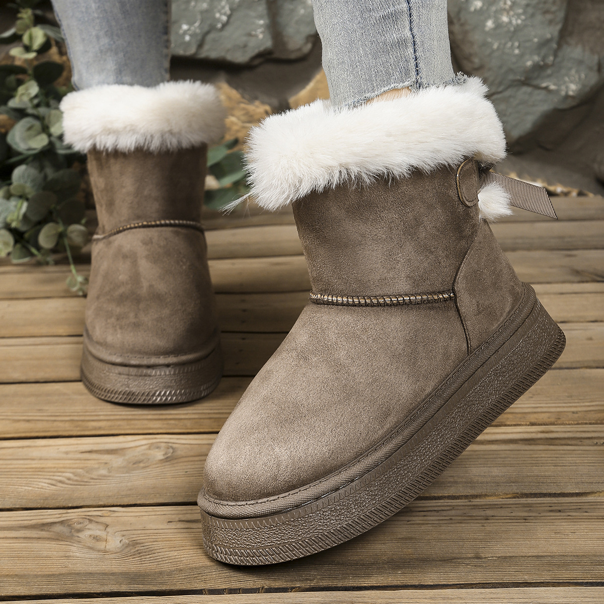 free shipping designer Thick-soled furry mouth bow knot warm large-sized fleece thickened snow boots with exquisite patterns a8