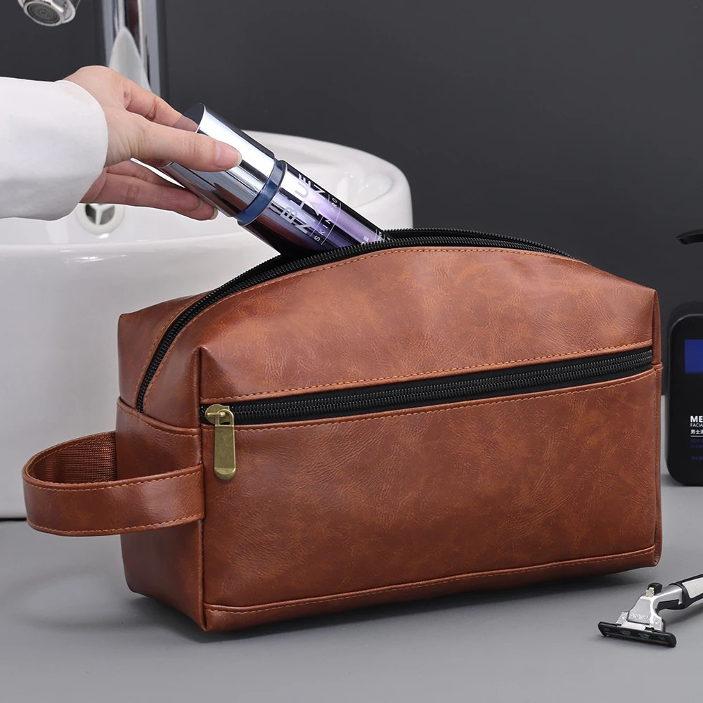 Men Leather Travel Business Shaving Cosmetic Bag Strorage Portable Toiletry Bag Large Capacity Organizer Handheld Wash Bag 250731