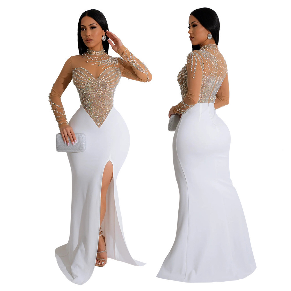 Womens plus size sequin ultra-thin Paty Club elegant long sleeved pleated rhinestone pearl decoration slotted train Maxi dress evening gown 240929