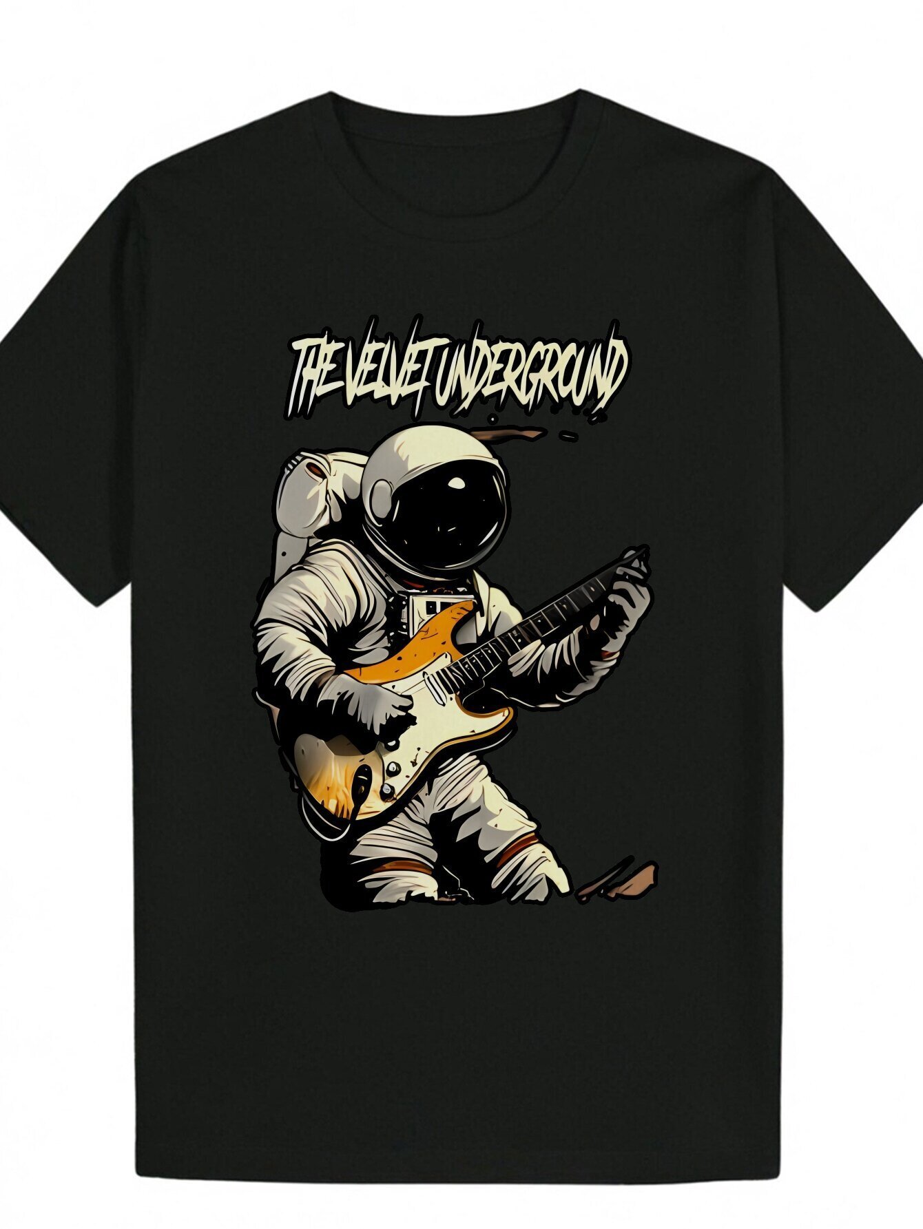 Men's T-Shirt with Astronaut Playing Guitar Design - Black Polyester, Round Neck, Lightweight and Breathable, Summer Casual Wear Playful Print | 