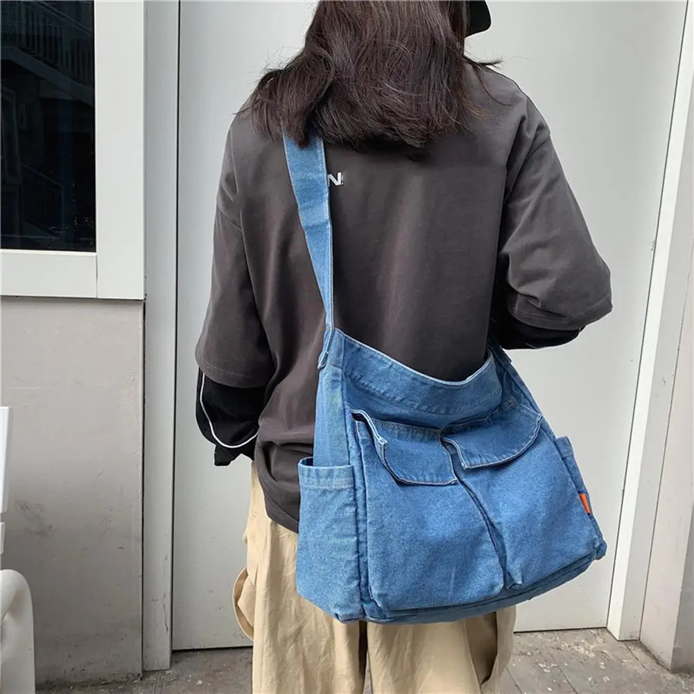 Large Capacity Japanese Harajuku Denim Messenger Bag Retro Shoulder Bag for Women Travel and School Use 250731