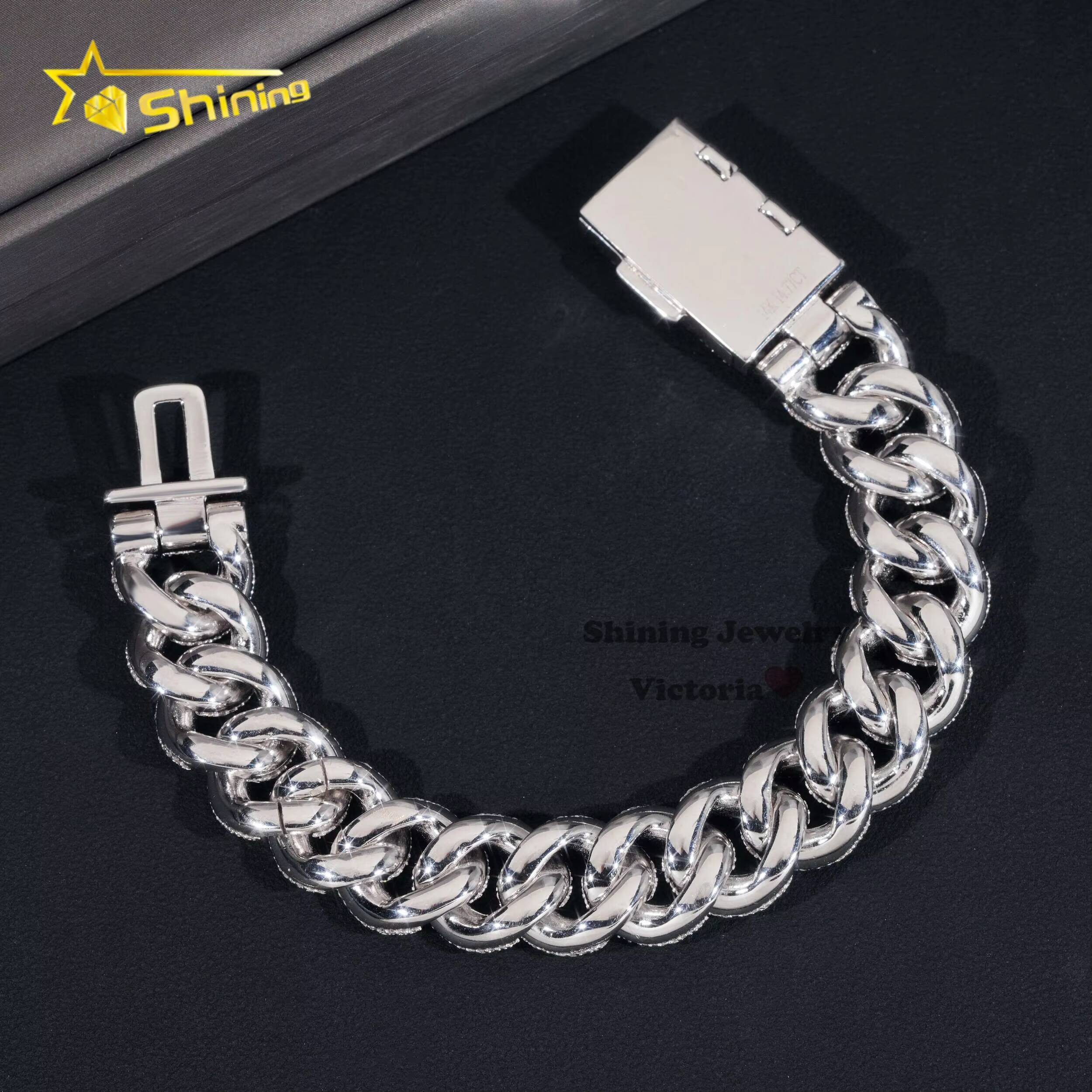 Iced Out Jewelry 15MM 925 Sterling Silver GRA Certificate Diamond Moissanite Cuban Link Chain Bezel Setting Cuban Bracelet