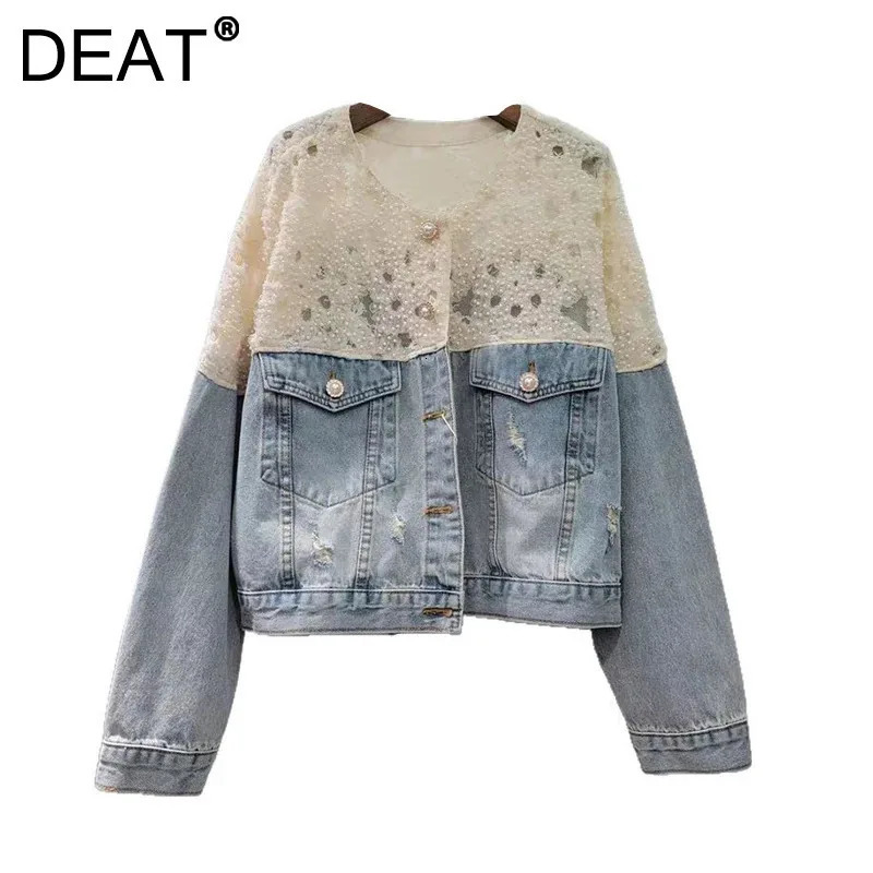 DEAT Womens Denim Coat Patchwork Lace Pearls Elegant Single Breasted Broken Holes Jackets Summer Fashion 29A797 250731