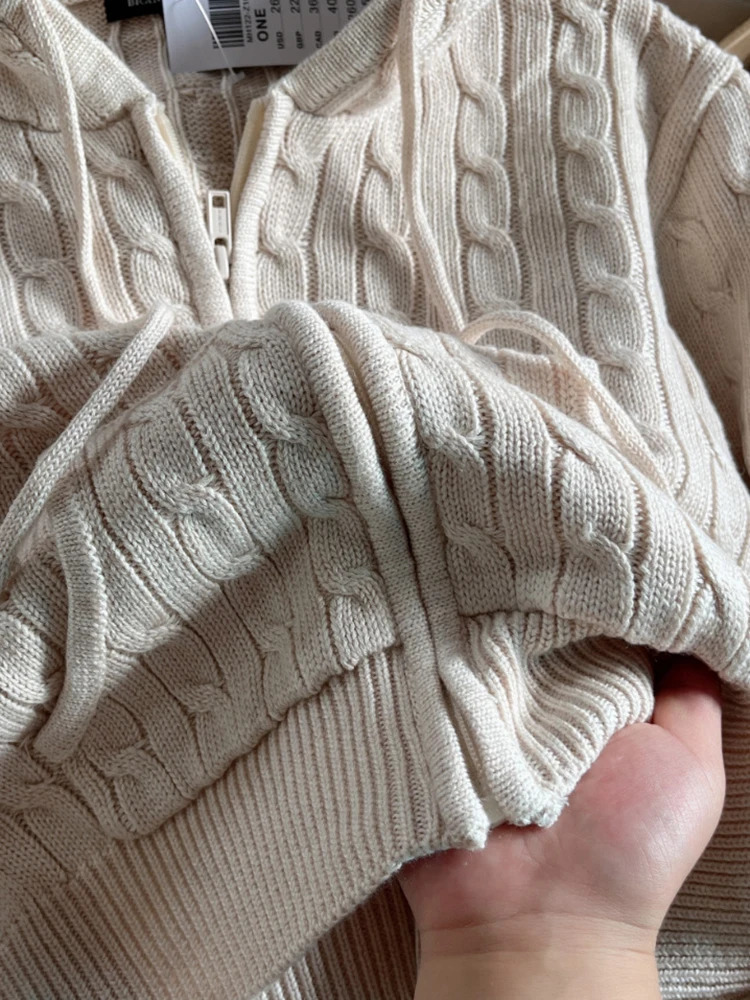 Solid Twist Knitted Hooded Cardigan Women Autumn Casual Cotton Ribbed Trim Zipup Sweater Vintage Streetwear Cropped Tops Coat 250731