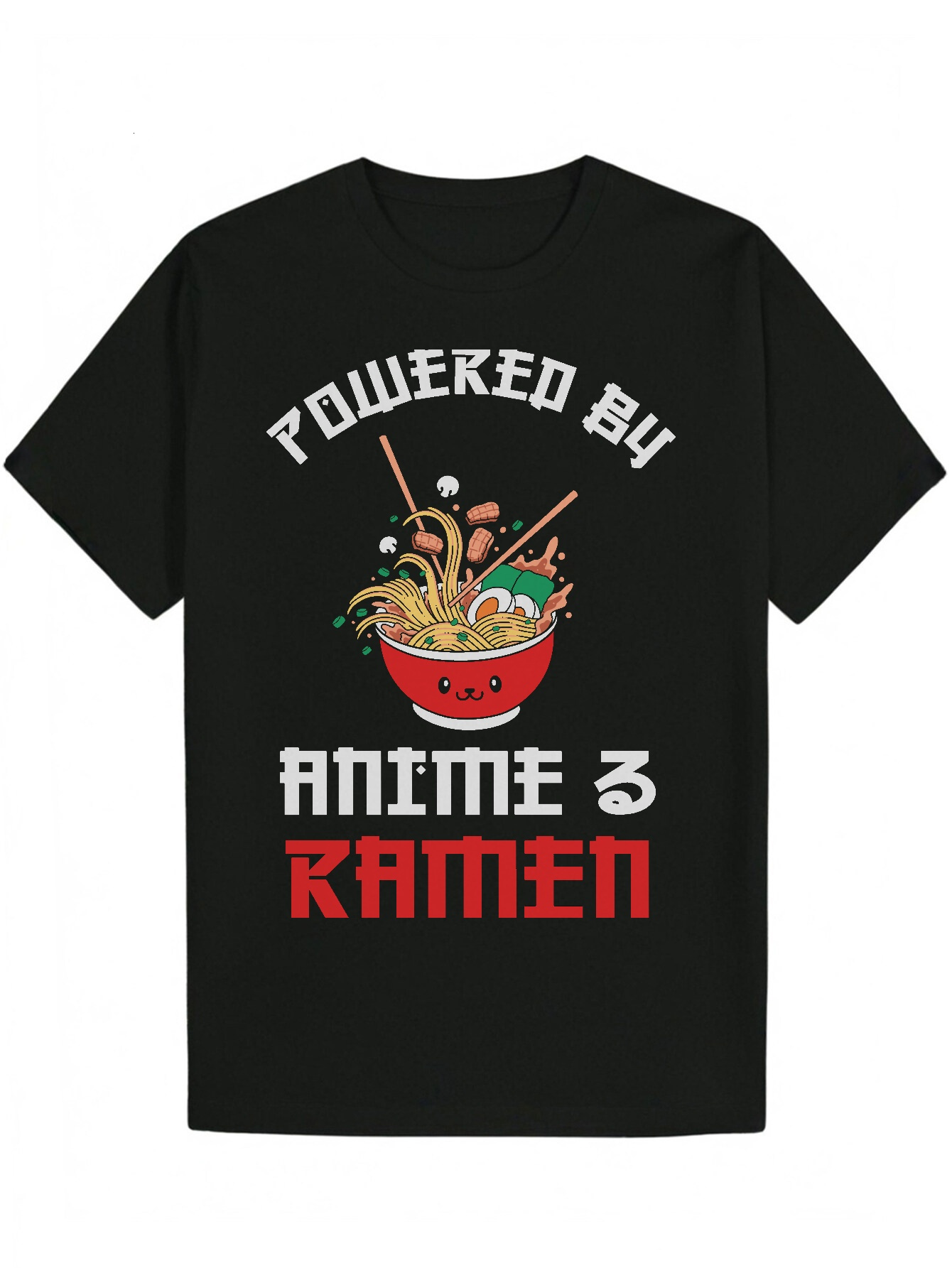 Men's Ramen Pattern T-Shirt - Designed with Anime and Ramen, Black Summer Casual T-Shirt, 100% Polyester, Machine Washable, Regular Fit, Breathab