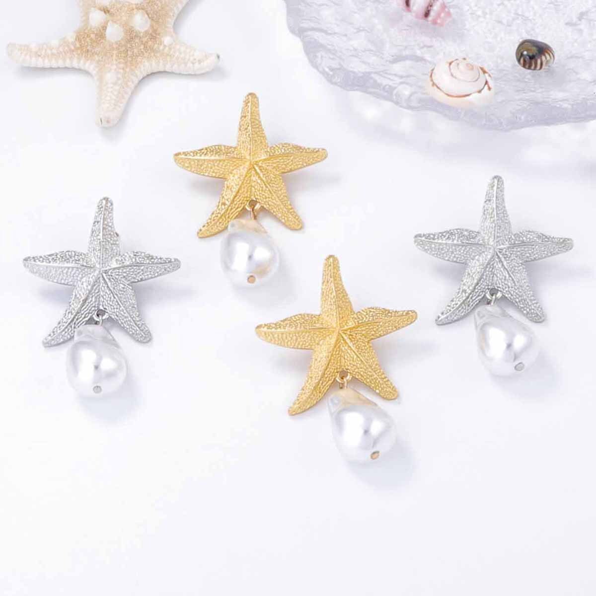ZA Ocean Leisure Vacation Fashion Simple Alloy Starfish Imitation Pearl Pendant Earrings Versatile Women's Style