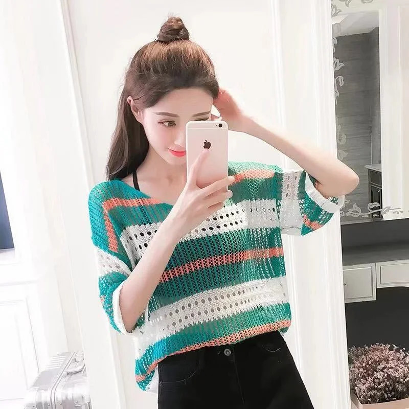Women Half Sleeve Colorful Hollow Out Blouses Striped Ice Silk Knit Shirt Loose Retro Style Pullover Lightweight Tank Tops 250731