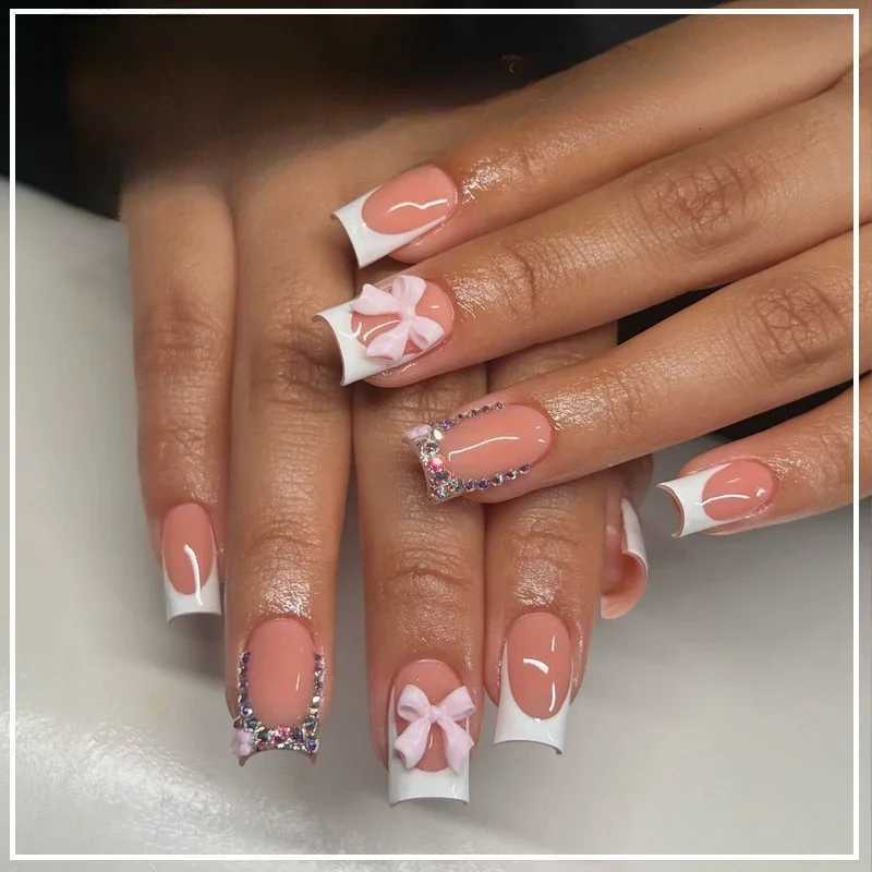 Pink French Square Press On Nails with Rhinestone Flower Bow Design - 24 Piece Short Blush False Nail Tips Art Set R250807