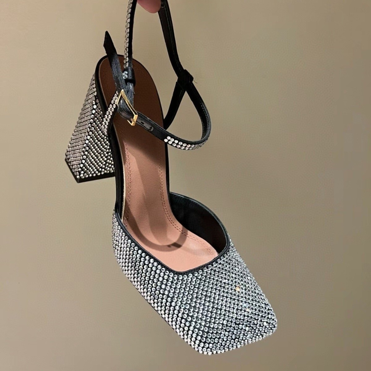 Free Delivery Of Outdoor 2025 New Designer Women's Thick-heeled High Heels Square Toe Crystal Outdoor Rhinestone Sexy And Elegant Cool Women'