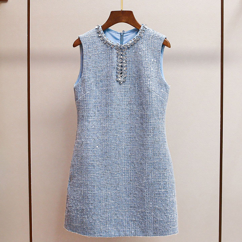 Elegance Classic French Chic Tweed Dress Chan style mist blue dia-encrusted and cut-out sexy round-neck sequined vest Designer Summer Dresses dress