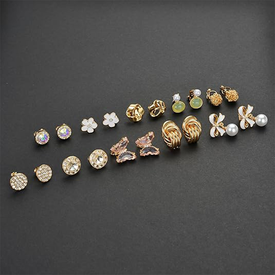 10Pairs Clip on Stud Earrings Non Pierced Round CZ Pearl Twist Knot Flower Butterfly Heart Rainbow Opal Clip on Earrings for Women Gold Tone