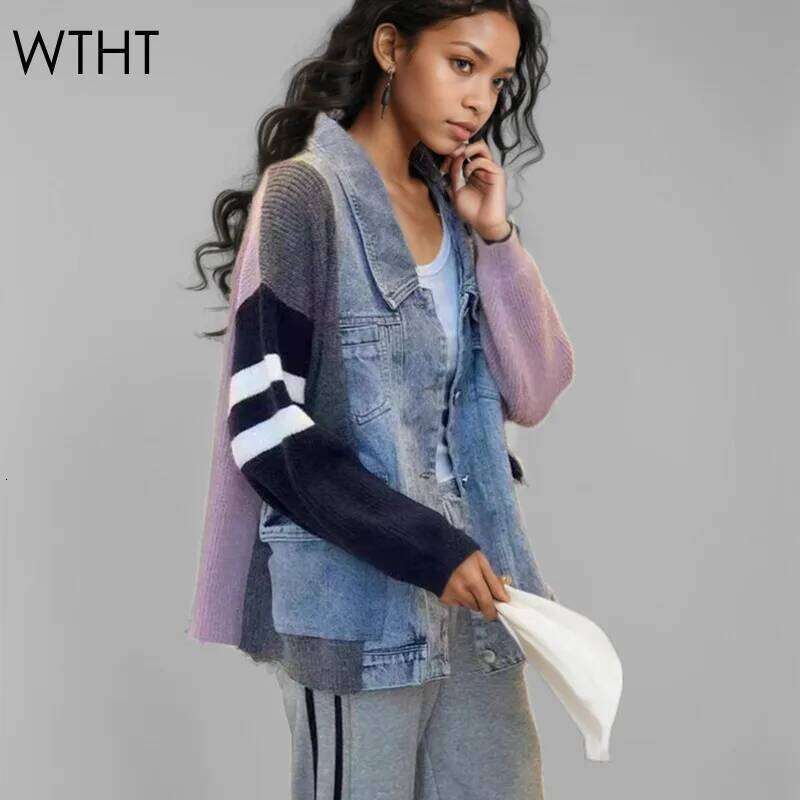 hoodie Fashion New Women's Patchwork Striped Knit Denim Coat Winter Long Sleeves Lapel Jacket Female 1LS521 jacket