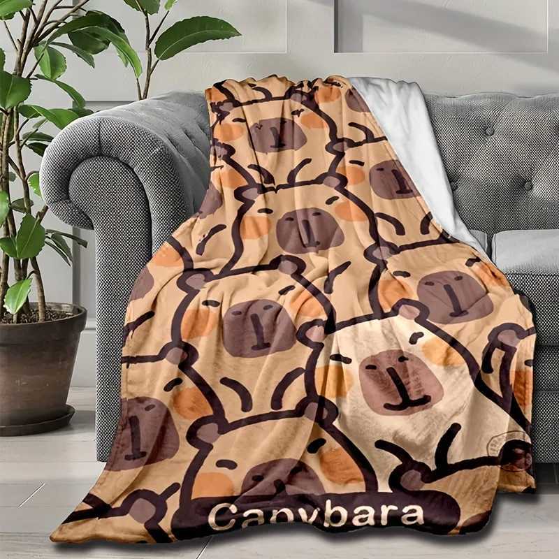 Capybara Cartoon 3D Printed Flannel Blanket - Soft Lightweight and Warm | Champagne with Brown and Black Accents | Tear-resista Y250731