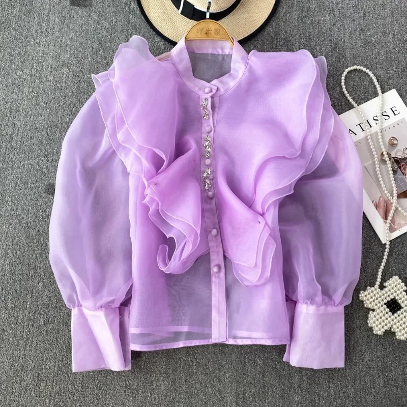 Chic Womens Tops And Blouses Organza Ruffles Blouse For Women Beading Mesh Sheer Blusa Feminina Elegant Korean Fashion 250731