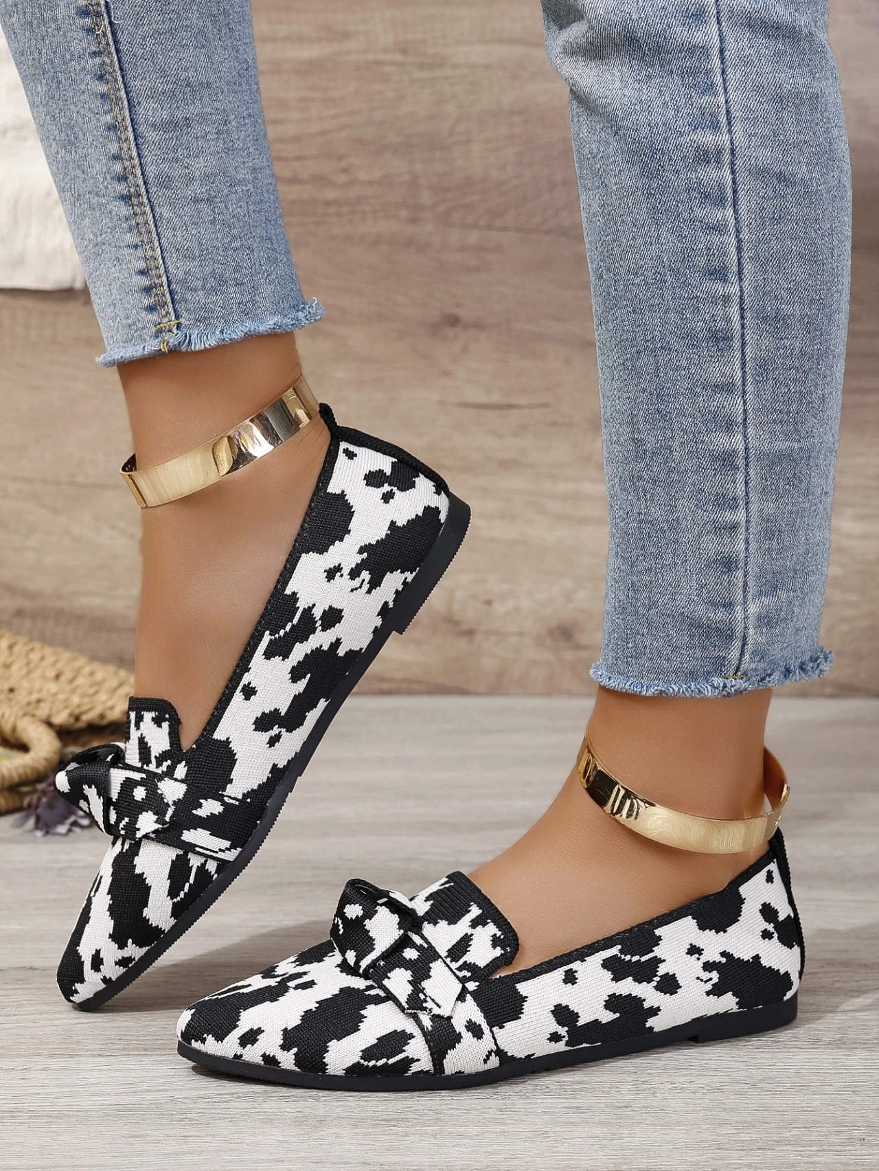 Leopard Print Flat Shoes for Women Shallow Slip-On Bow Shoes for Women 250731