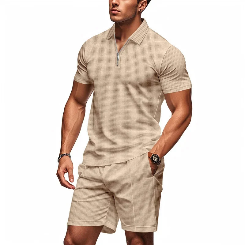 Crossborder American summer zipper shortsleeved POLO shirt casual shorts suit men 250724