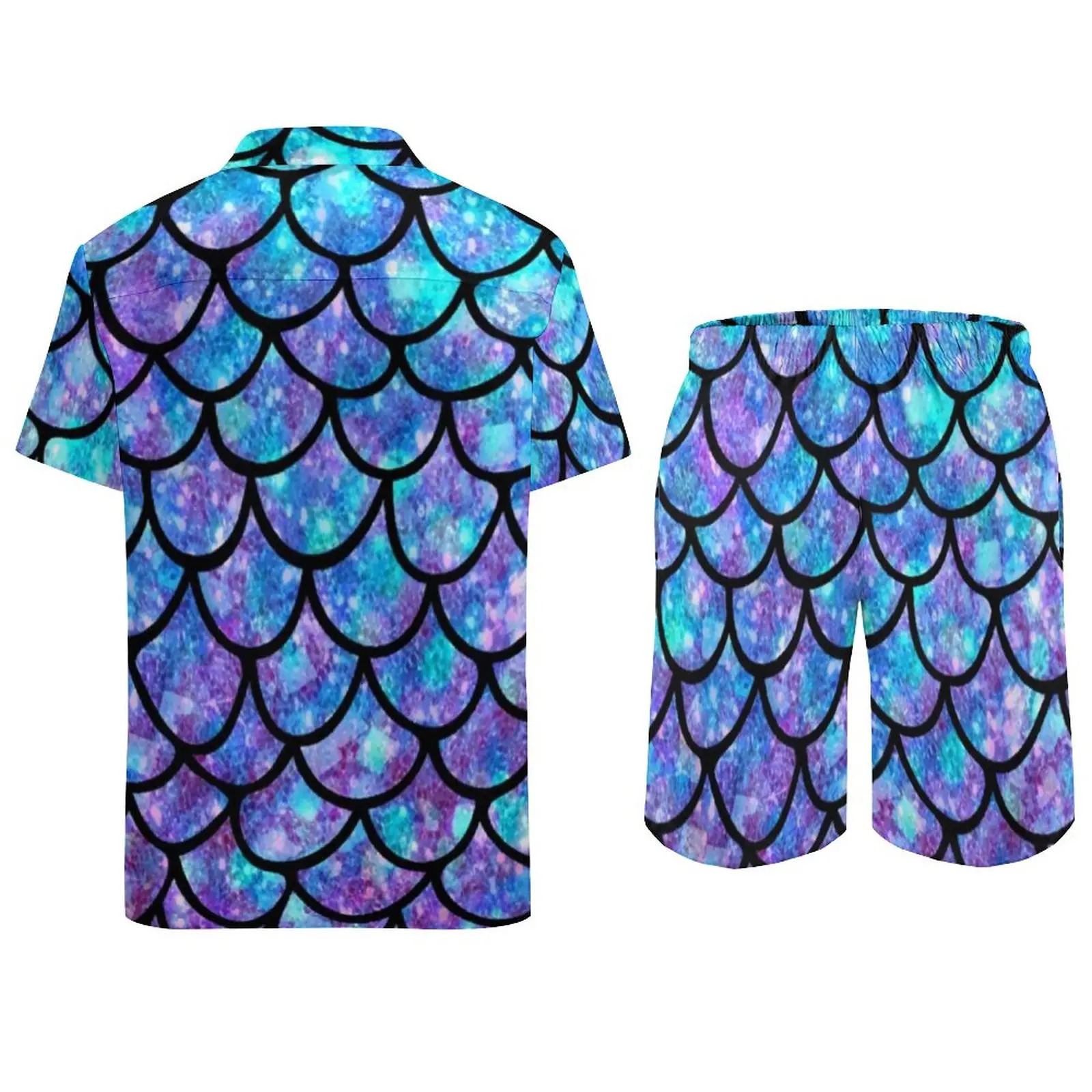 Mermaid Scales Men Hawaiian Shirt Sets Purple Blue Splash Abstract Casual Shorts Vintage Beach Shirt ShortSleeved Graphic Suit 250724
