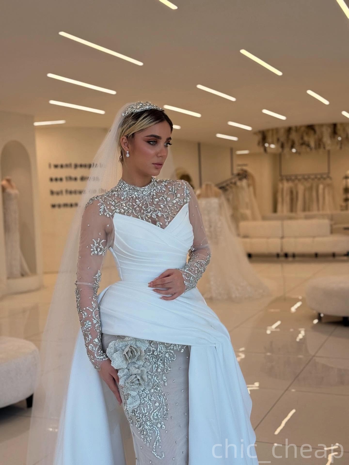2025 Aso Ebi Plus Size Ivory Sheath Wedding Dress Crystals Lace Flower Satin Illusion Full Sleeves Vintage Bridal Gowns Dresses ZJ065