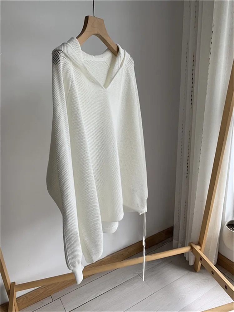 Lazy Style Women Hollow Out Hooded Knitwear Spring Summer White Long Sleeve Casual Loose Pullover Tops Female Sweater 250731