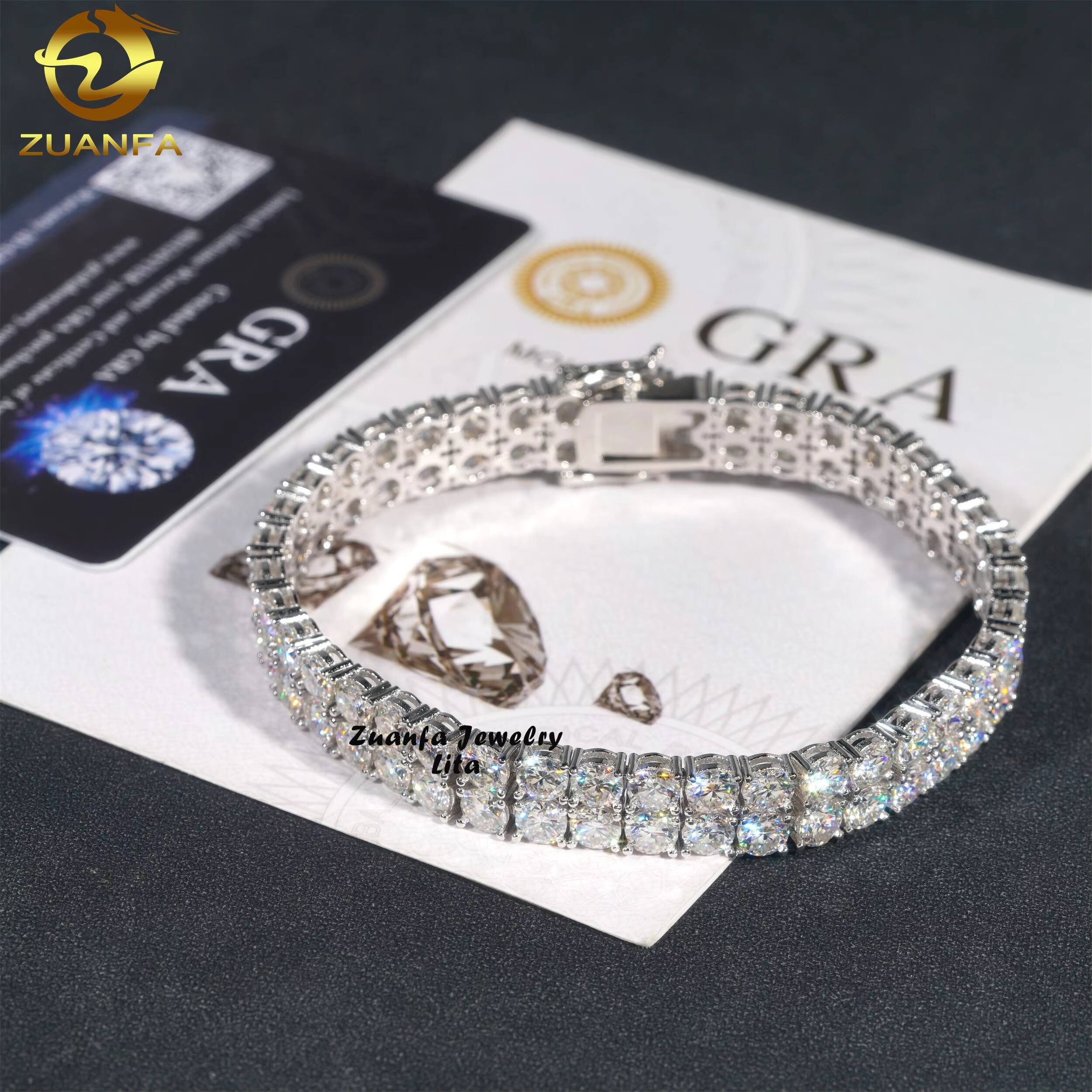 Hip Hop Rapper D Color VVS Diamond Silver Gold Plated 10mm Two Rows Moissanite Tennis Chain Bracelet