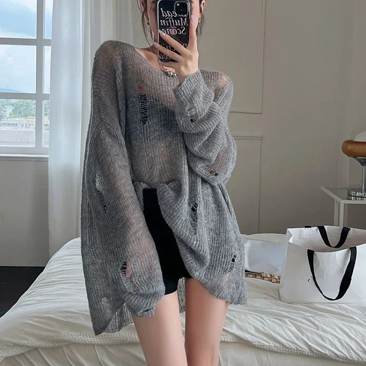 Sweet Lazy Hole Hollow Out Sunscreen Tops Women Summer Slash Neck Long Sleeve Sweaters Loose Allmatch Knitted Pullover 250731