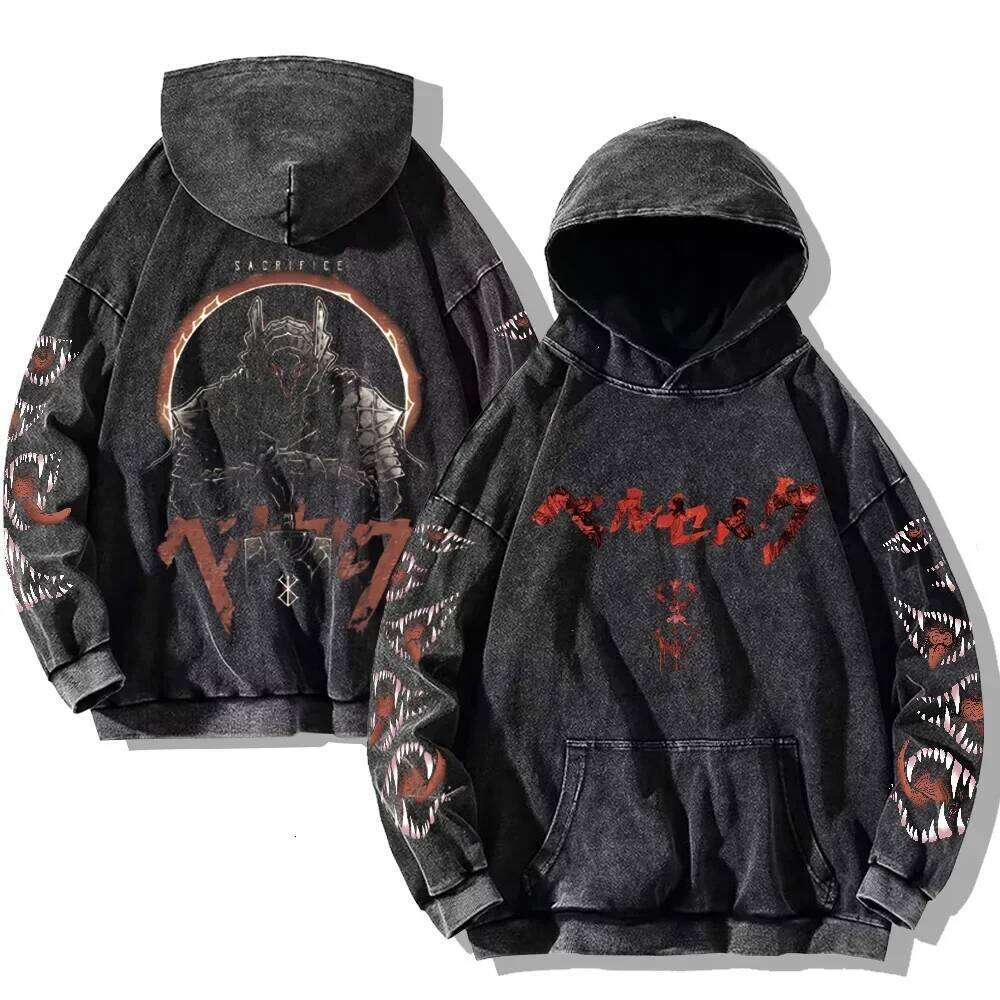 Mens Berserk Hoodies Gothic Print Vintage Washed Hip Hop Streetwear Cotton Sweatshirts Y2k Oversized Hoodie - view 6