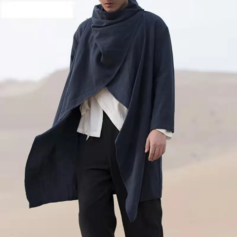 Vintage Ponchos Men Irregular Cardigan Coats Long Sleeve Scarf Collar Trench Cotton Outwear Solid Cloak Jackets Streetwear 250729