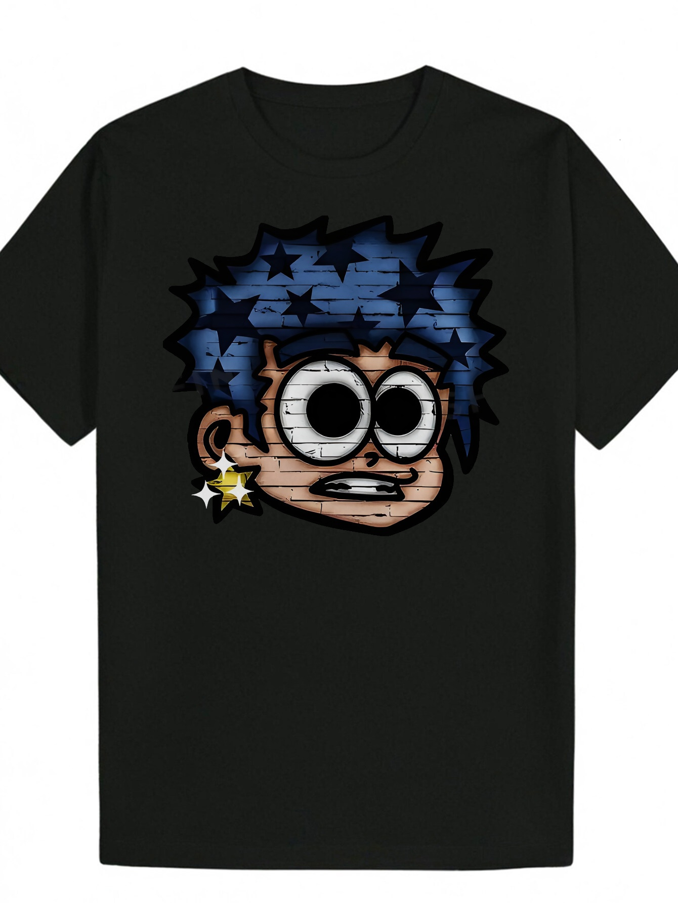 Men's Summer Round Neck Polyester T-Shirt with Cartoon Character Print, Lightweight and Breathable, Regular Fit, Black, Colorful Design, Perfect 