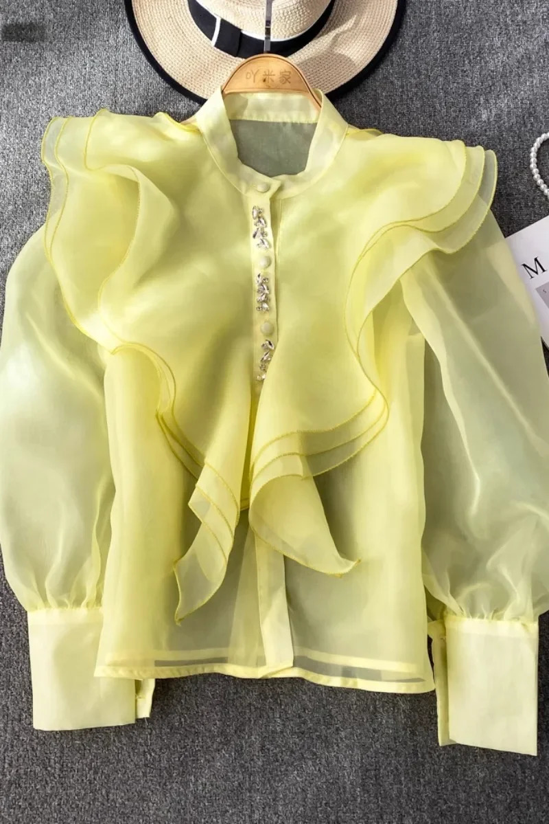 Chic Womens Tops And Blouses Organza Ruffles Blouse For Women Beading Mesh Sheer Blusa Feminina Elegant Korean Fashion 250731