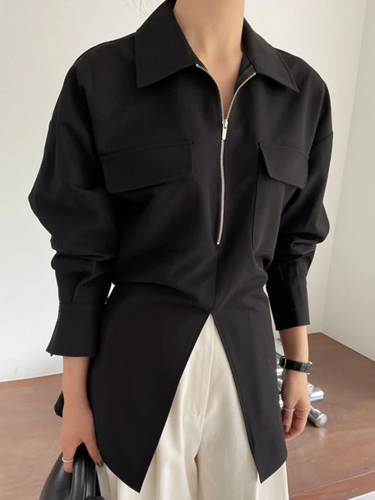 EAM Women Beige Zipper Pocket Back Bandage Blouse Lapel Long Sleeve Loose Fit Shirt Fashion Spring Autumn 1DF1491 250731