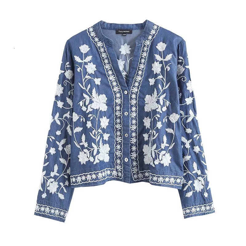 2024 Autumn Winter New Elegant Ethnic Style V-neck Embroidered Shirt Women Long Sleeve Short Top 230826