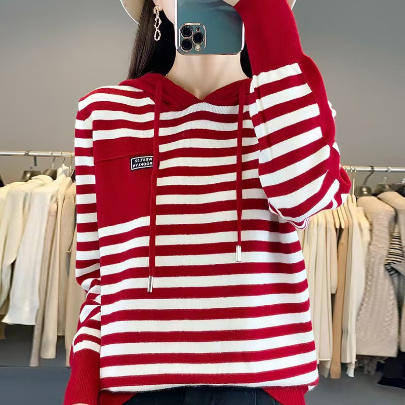 Women's autumn and winter striped hoodie knitted blouse loose large size fashion western style hooded casual sweater