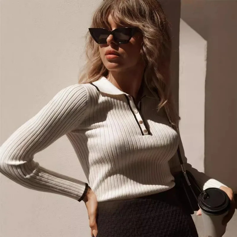 Talenza Autumn Knitted Pullover Womens Long Sleeve Patchwork Sweater Top Tight Bottoming Colorblock Lapel 250731