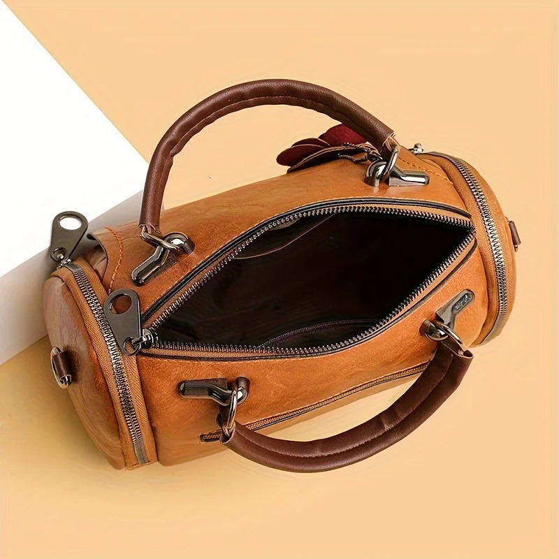 Large Vintage Boston Handbag - Solid Color PU Satchel with Zipper Closure and Flower Pendant - Perfect for Occasional Use 250731